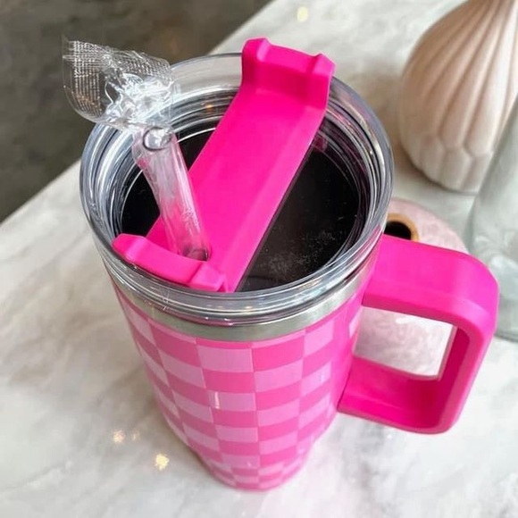 Pink Checkered Insulated Tumbler with Handle and Straw | 40oz Stanley-Style Cup - Picture 2 of 2